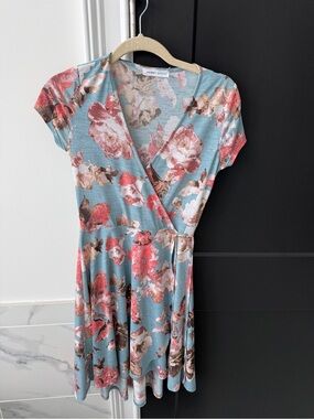 Moment Print Floral Wrap Dress in Light Blue and Coral